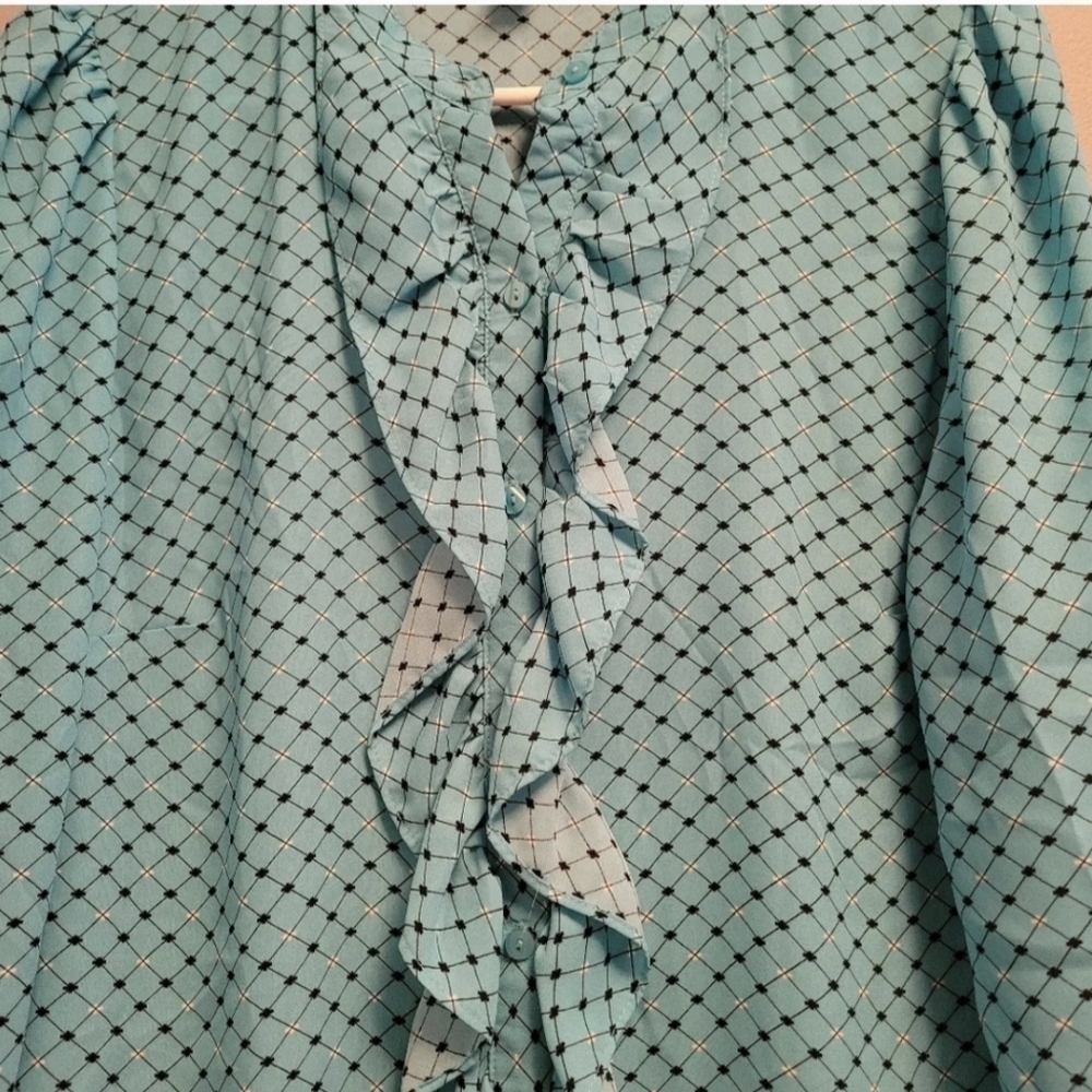 Worthington Polka Dot Ruffle Blouse Large Coquette Office Chic Blue Top - Picture 5 of 6